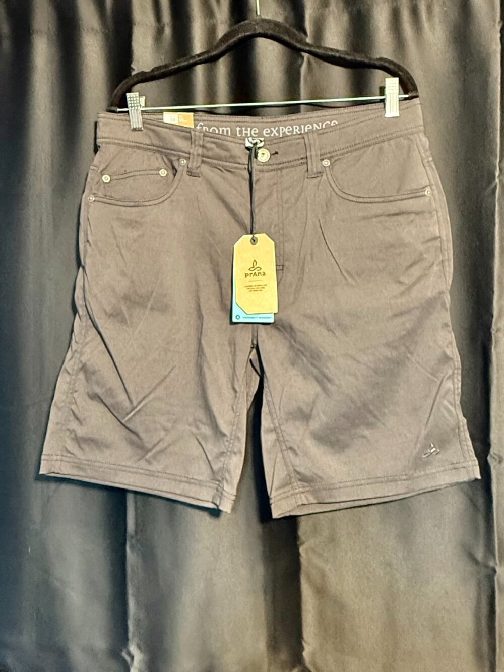 New with tags prAna Brion men's shorts in Charcoal, size 34, with a 9-inch insea